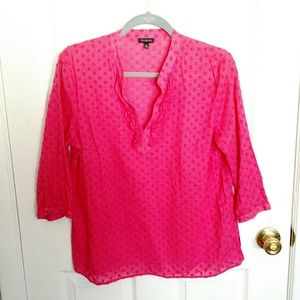 Talbots 3/4 Sleeve Swiss Dot V-Neck Blouse Pink